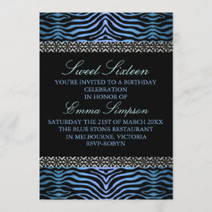 Zèbre bleu moderne imprimé Sweet16 invitation d'an