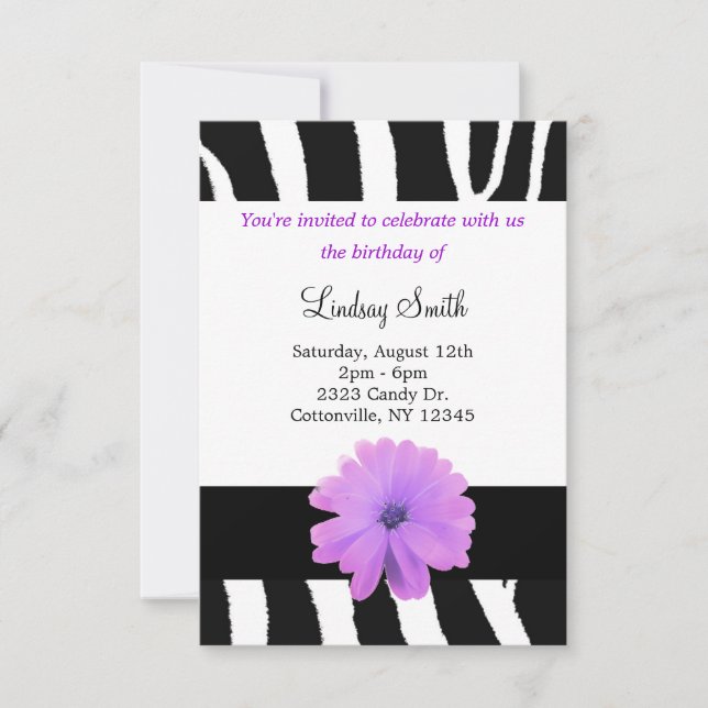 Zèbre modèle avec Fleur Invitation Anniversaire (Devant)