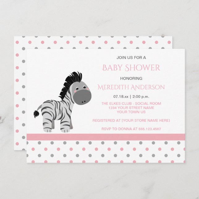 Zèbre rose et gris Bébé Fille Douche Invitations (Devant / Derrière)
