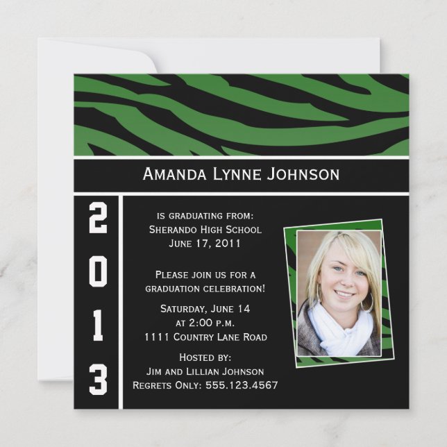 Zèbre vert et noir Imprimer Graduation Invitation (Devant)