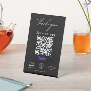 Zelle QR Code Logo Scan to Pay Thank you Black Pedestal Sign