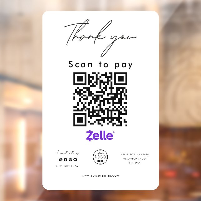 Zelle QR Code Logo Scan to Pay Thank you Window Cling (Sheet 2)
