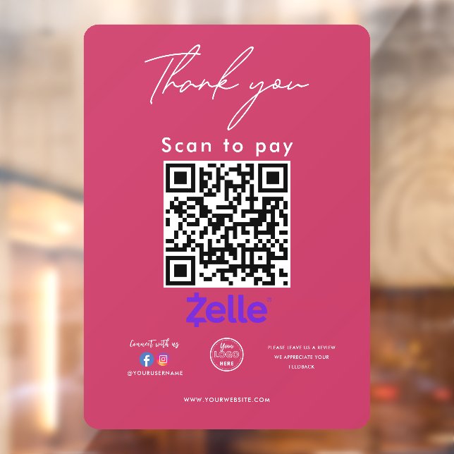 Zelle QR Code Logo Thank you Scan to Pay Window Cling (Sheet 2)