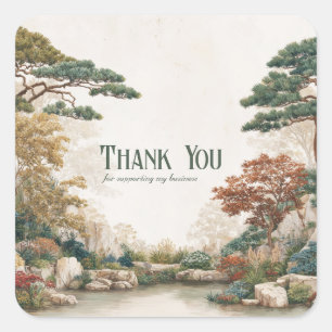 Zen Asian Pine Tree Water Garden Rustic Scenery Square Sticker