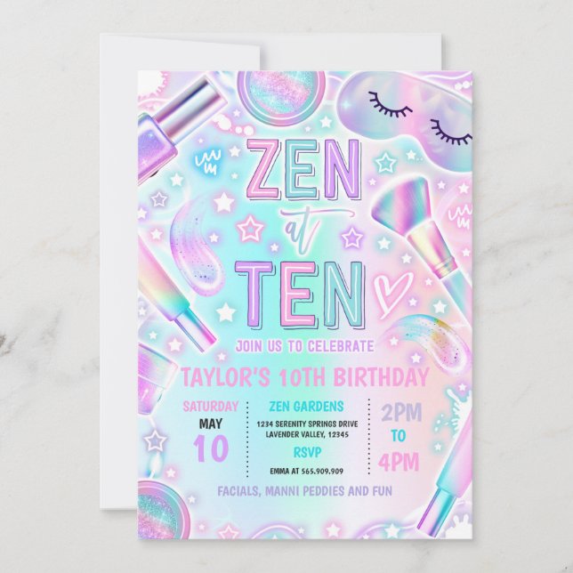 Zen At Ten Party Pastel Spa Makeup 10th Birthday  Invitation (Front)