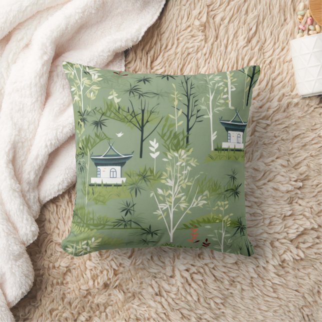 Zen Bamboo Forest Botanical Pattern (2) Throw Pillow (Blanket)