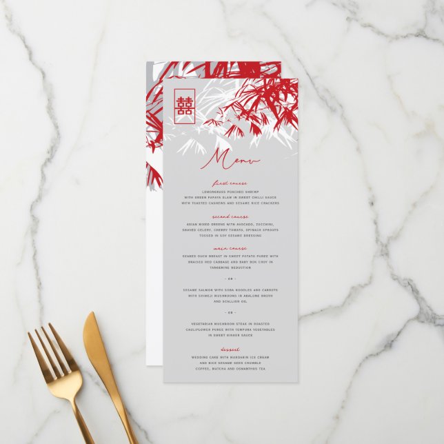 Zen Bamboo Leaves Double Happiness Chinese Wedding Menu (Front/Back In Situ)