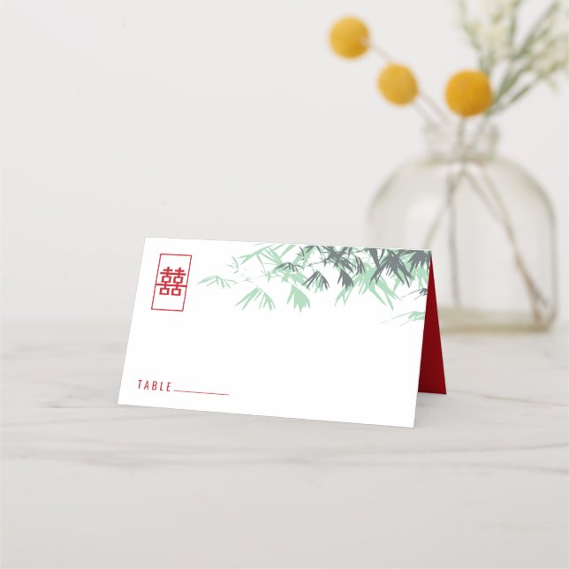 Zen Bamboo Leaves Double Happiness Chinese Wedding Place Card (Front)
