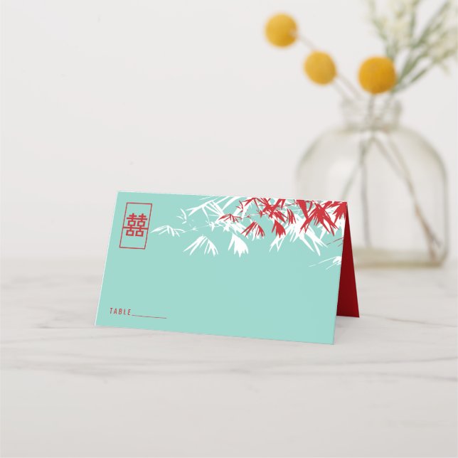 Zen Bamboo Leaves Double Happiness Chinese Wedding Place Card (Front)