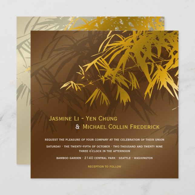Zen Bamboo Leaves Gold & Brown Chic Asian Wedding Invitation (Front/Back)