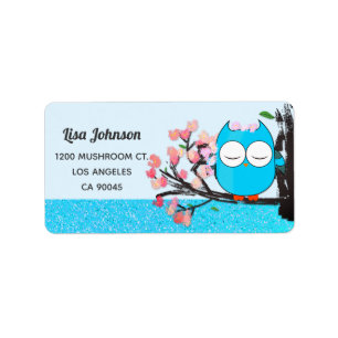 Zen Blue Owl Spring Blloom Blue Glitter Mailing Label