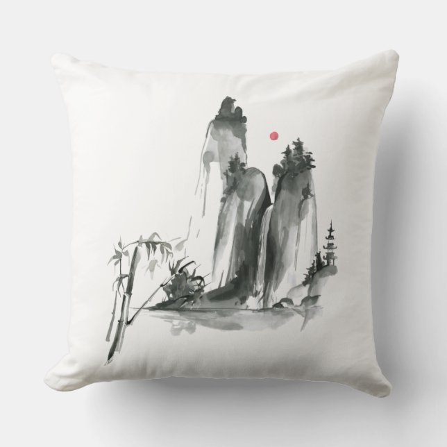 Zen Buddhism temple in the mountains Throw Pillow (Front)