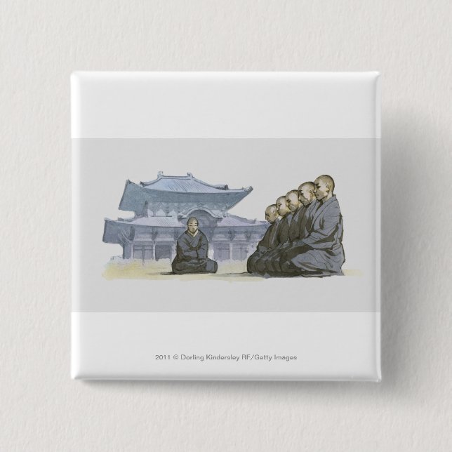 Zen Buddhist monks kneeling outside temple 2 Inch Square Button (Front)