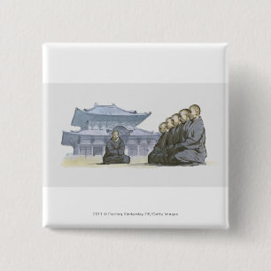 Zen Buddhist monks kneeling outside temple 2 Inch Square Button