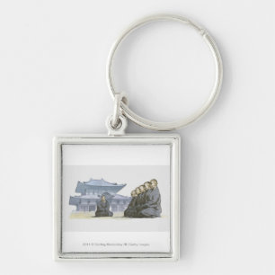 Zen Buddhist monks kneeling outside temple Keychain