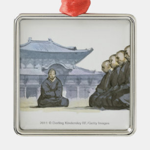 Zen Buddhist monks kneeling outside temple Metal Ornament