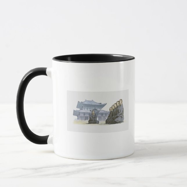 Zen Buddhist monks kneeling outside temple Mug (Left)