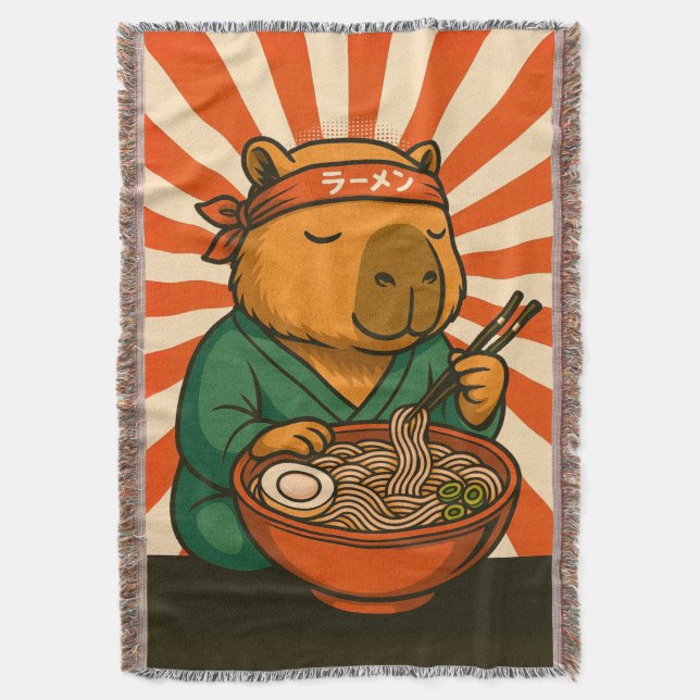 Zen Capybara Eating Ramen with Radiating Stripes Throw Blanket (Front Vertical)