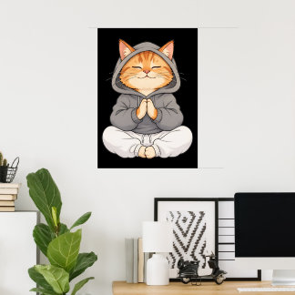 Zen Cat in Hoodie – Cute Meditating Cartoon Cat Poster