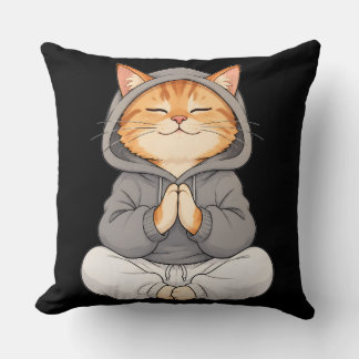 Zen Cat in Hoodie – Cute Meditating Cartoon Cat Throw Pillow