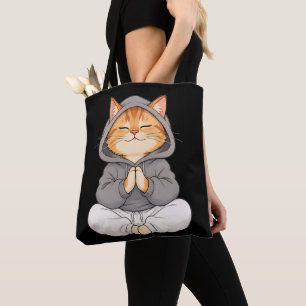 Zen Cat in Hoodie – Cute Meditating Cartoon Cat Tote Bag