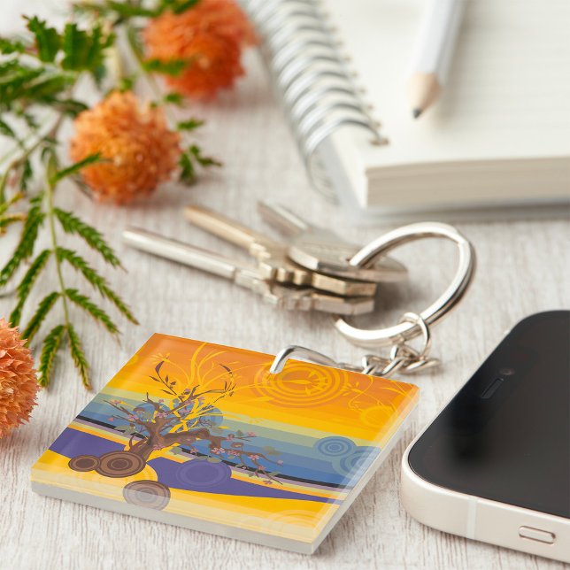 Zen Cherry Blossom Tree Abstract Sunset Art Keychain (Creator Uploaded)