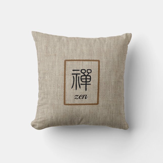 Zen Chinese word and text on beige burlap print Throw Pillow (Front)