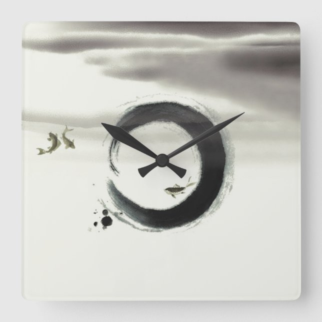 Zen Circle Enso Koi Brush Painting Art Square Wall Clock (Front)