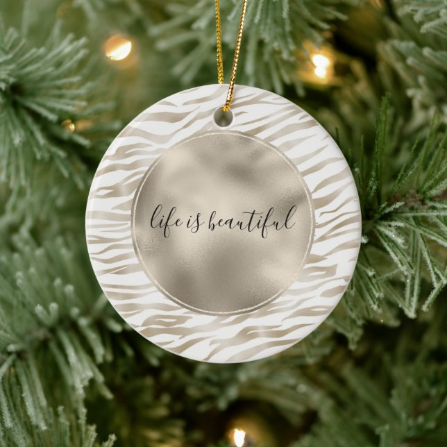 Zen Cream White Cocoa Brown Zebra Print Ceramic Ornament (Tree)