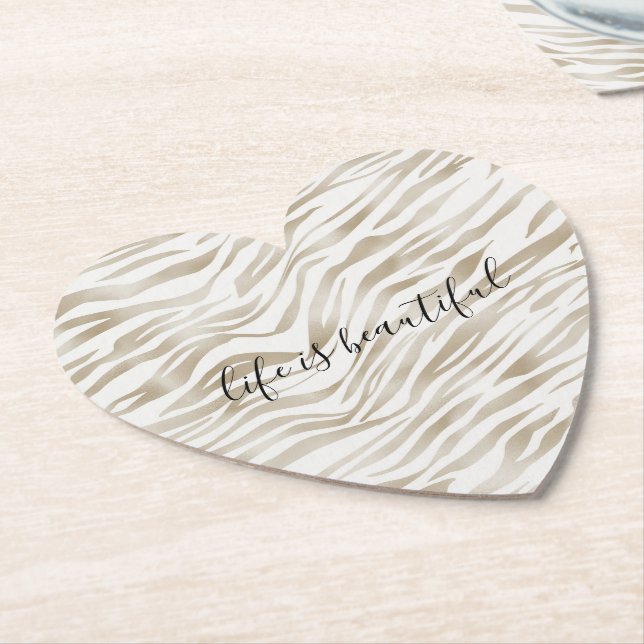 Zen Cream White Cocoa Brown Zebra Print Paper Coaster (Angled)