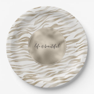 Zen Cream White Cocoa Brown Zebra Print Paper Plate