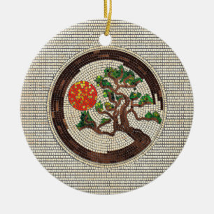 Zen Enso Circle and Bonsai Tree Mosaic Ceramic Ornament