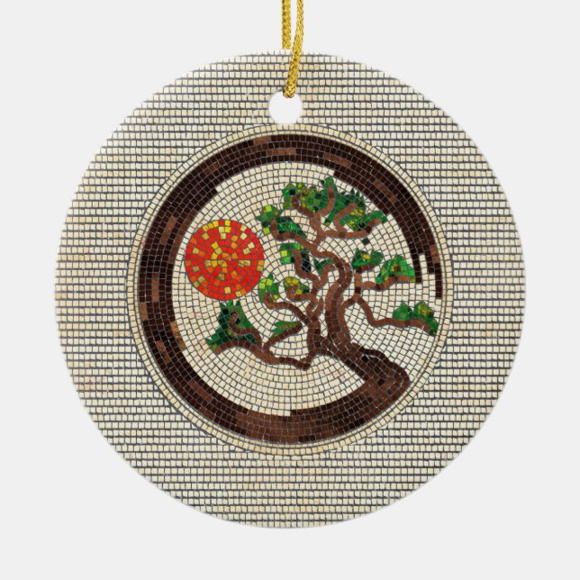 Zen Enso Circle and Bonsai Tree Mosaic Ceramic Ornament (Front)