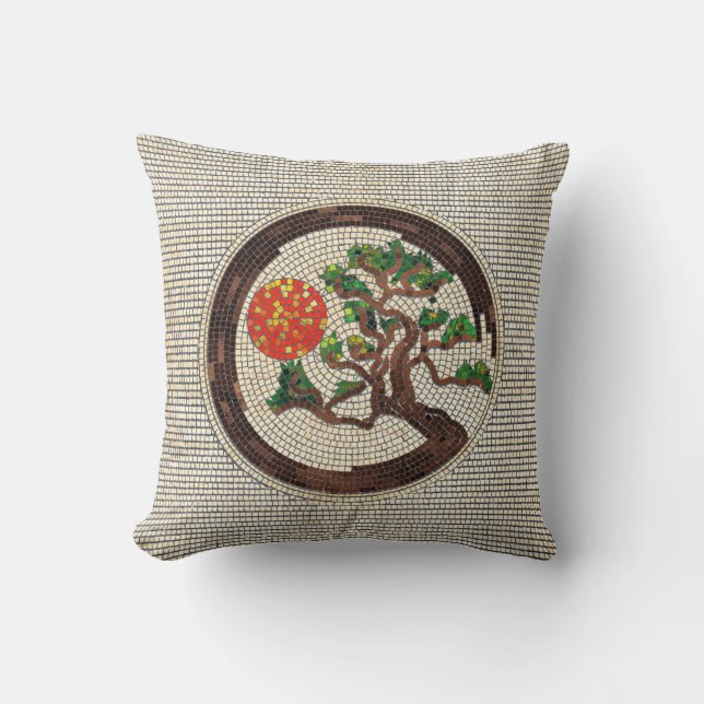 Zen Enso Circle and Bonsai Tree Mosaic Throw Pillow (Front)