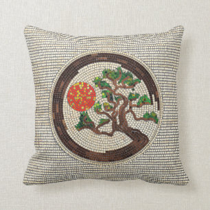 Zen Enso Circle and Bonsai Tree Mosaic Throw Pillow