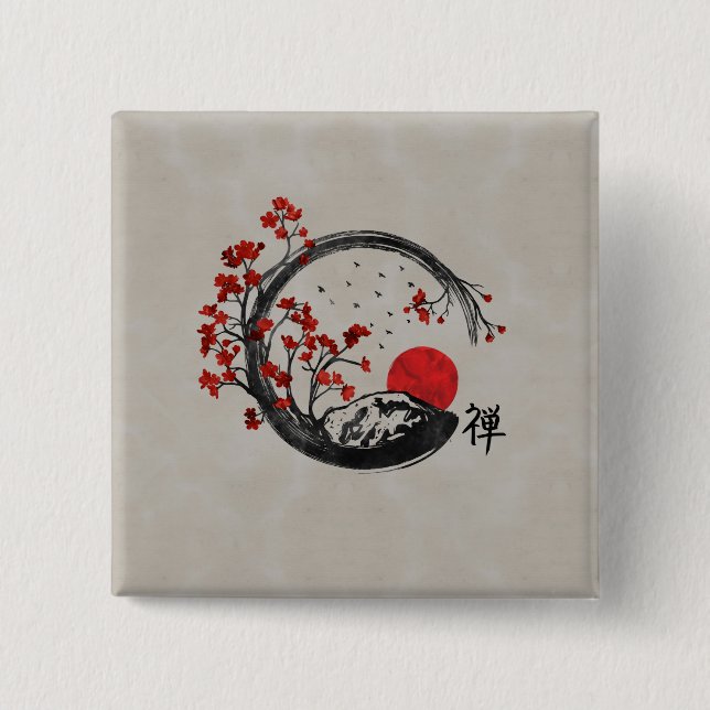 Zen Enso Circle and Sakura Branches 2 Inch Square Button (Front)