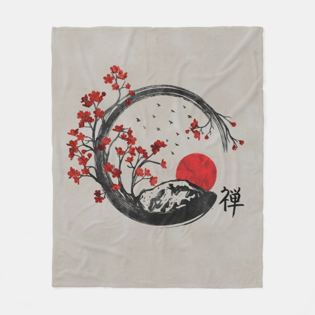 Zen Enso Circle and Sakura Branches Fleece Blanket (Front)