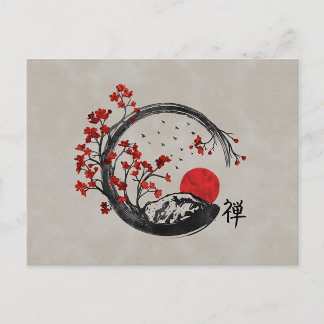 Zen Enso Circle and Sakura Branches Holiday Postcard (Front)
