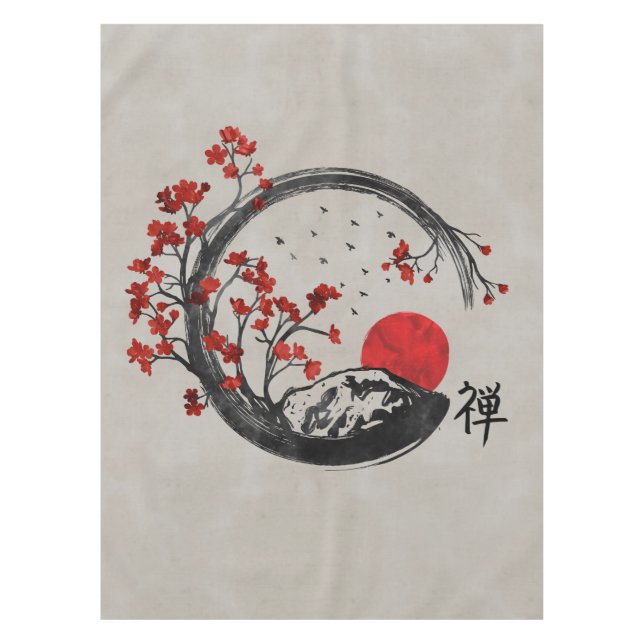 Zen Enso Circle and Sakura Branches Tablecloth (Front)