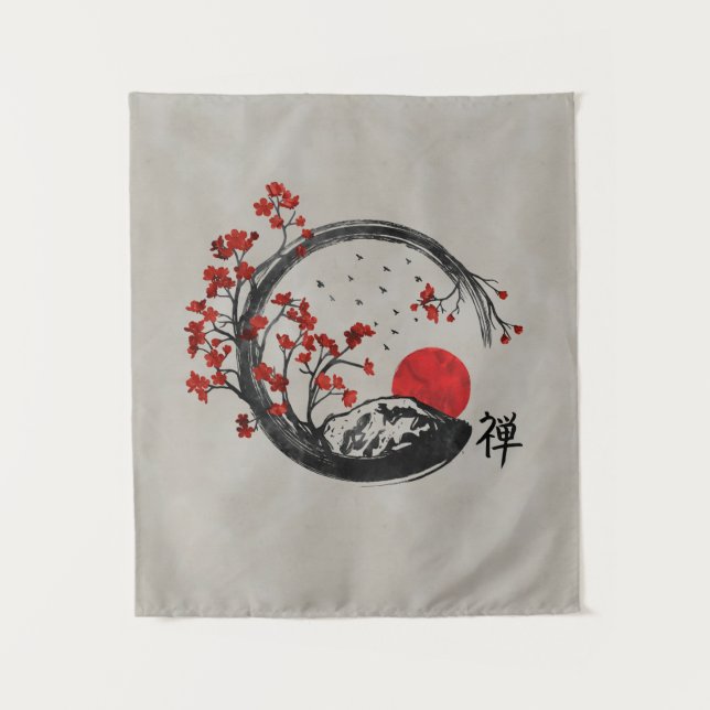 Zen Enso Circle and Sakura Branches Tapestry (Front)