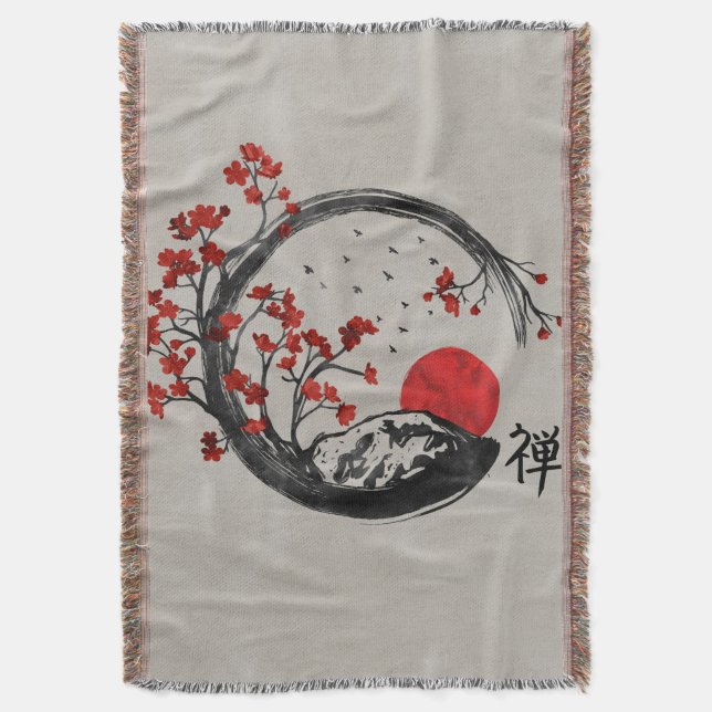 Zen Enso Circle and Sakura Branches Throw Blanket (Front Vertical)