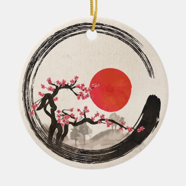 Zen Enso Circle and Sakura Tree Ceramic Ornament (Front)
