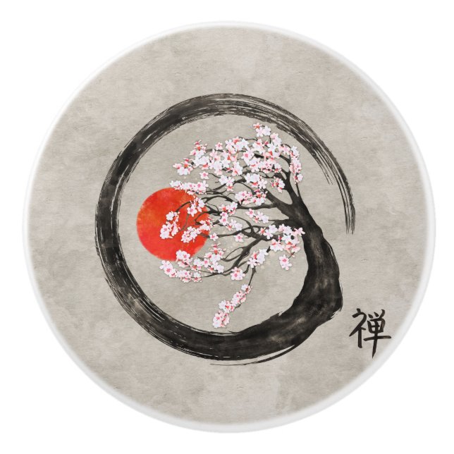 Zen Enso Circle and Sakura Tree on Canvas Ceramic Knob (Front)