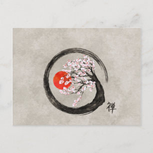 Zen Enso Circle and Sakura Tree on Canvas Holiday Postcard