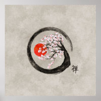 Zen Enso Circle and Sakura Tree on Canvas
