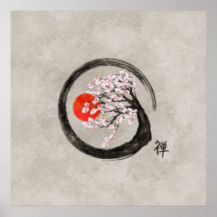 Zen Enso Circle and Sakura Tree on Canvas Poster