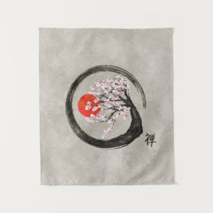 Zen Enso Circle and Sakura Tree on Canvas Tapestry