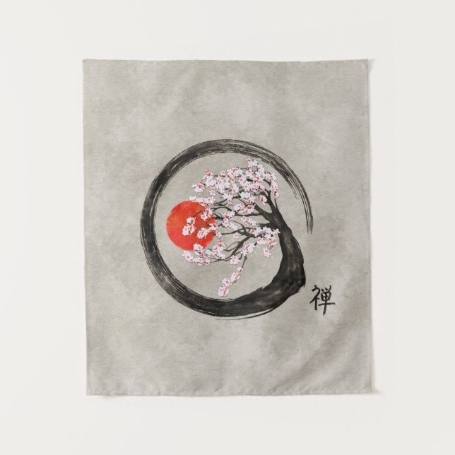 Zen Enso Circle and Sakura Tree on Canvas Tapestry (Front)