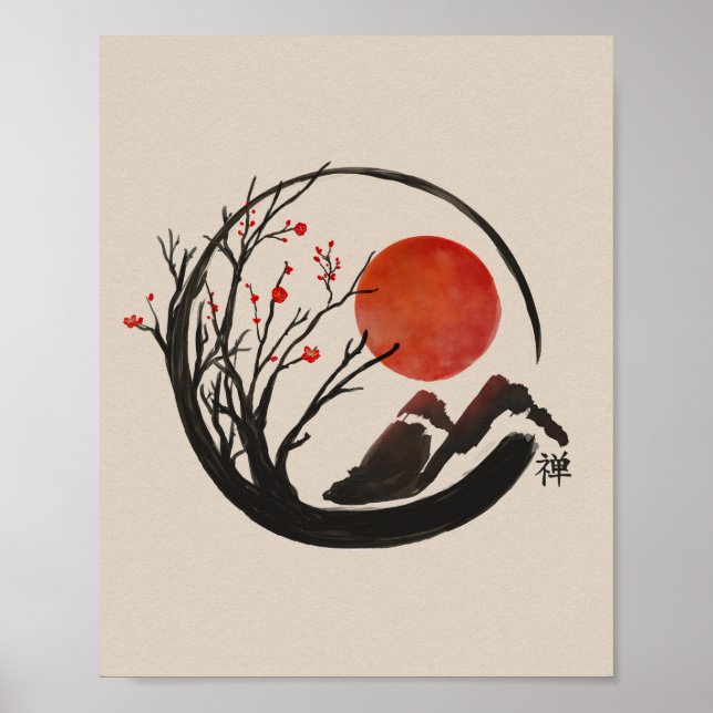 Zen Enso Circle and Sakura Tree Poster (Front)