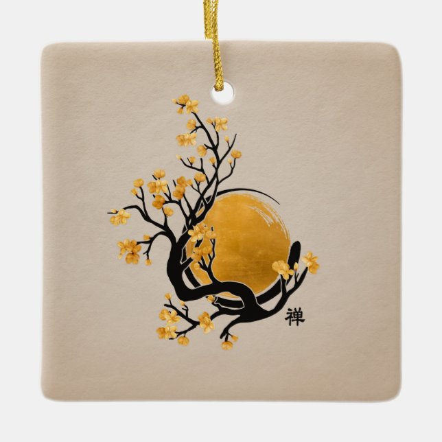Zen Enso Circle, Golden Sun and Sakura Blossom Ceramic Ornament (Front)